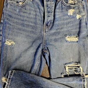 Distressed Straight Leg Jeans - Blue